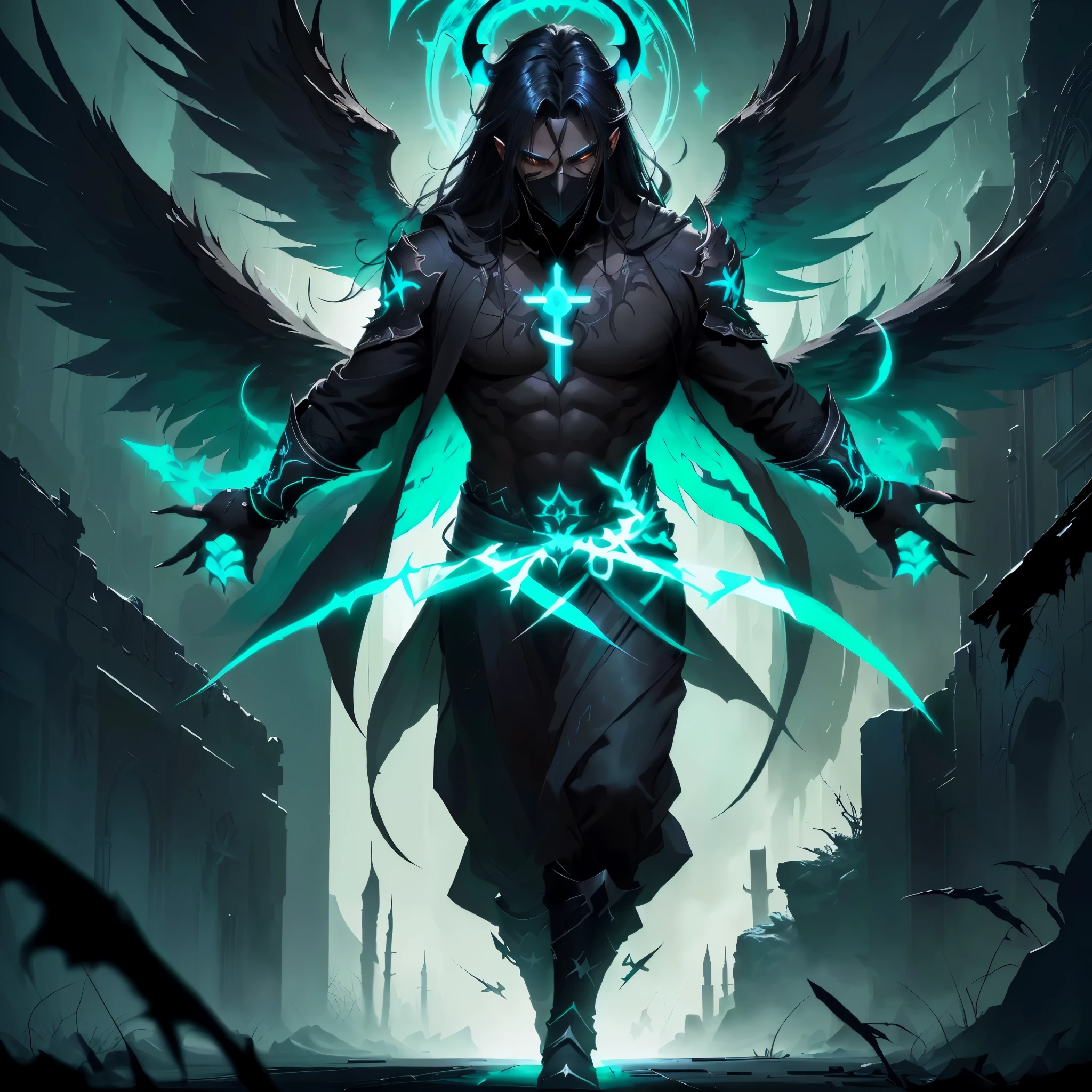 anime character with a cross on his chest and wings, raziel irl, Epic fantasy digital art style, epic fantasy art style, dark Angel, demon soul concept art, dark fantasy style art, detailed 2D fantasy digital art, 2D fantasy digital art, epic fantasy style art, djinn male man demon, epic digital art illustration, dark fantasy character design
