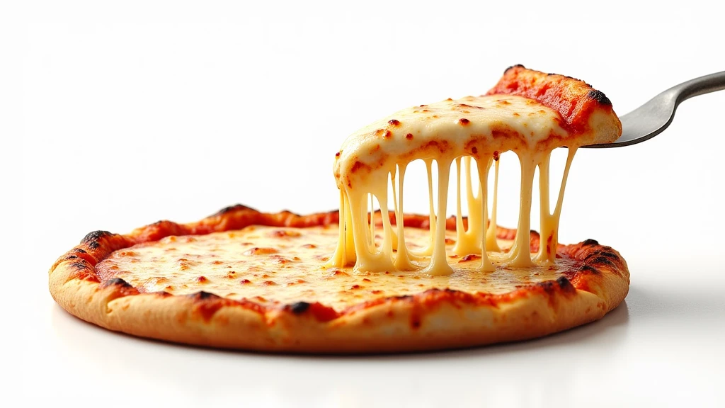 : A slice of pizza being pulled away from a whole pie, with strings of melted cheese stretching against a white background. 8k