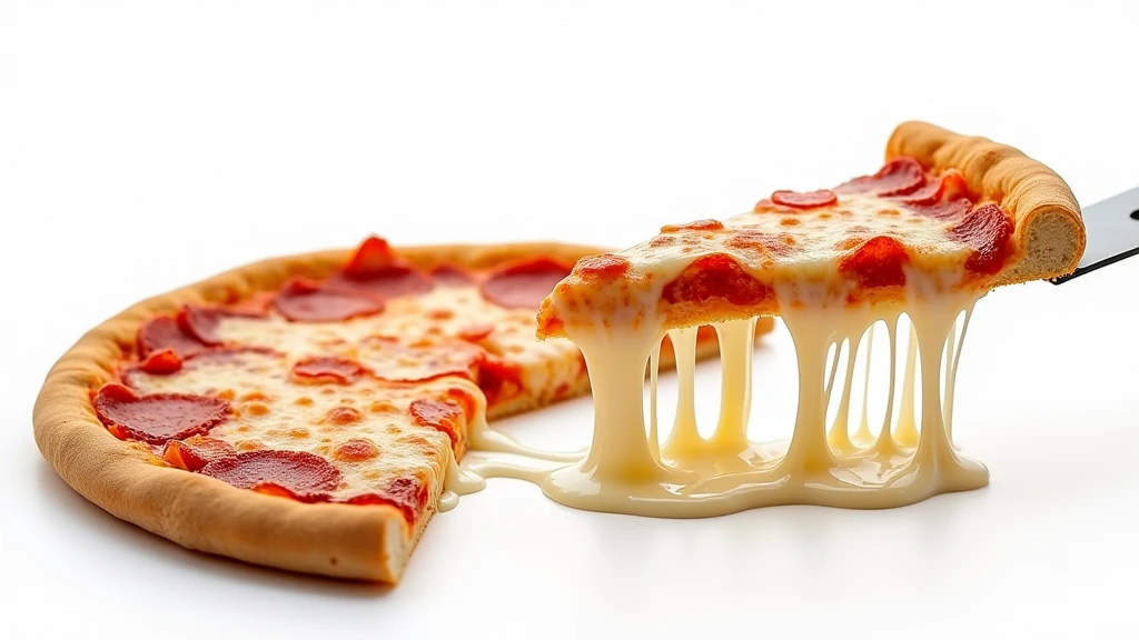 : A slice of pizza being pulled away from a whole pie, with strings of melted cheese stretching against a white background. 8k