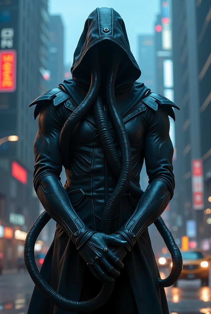Tentacle entanglement, uniform, Binding hands togethe, Foreign object invasion, monster breeding, wet, slime, tentacles, slimy tentacles, monster and human breeding, Tentacles wrapped around the body, Insert tentacles into the body,# Prompt 4: Stealth Assassin
Design a hyper-realistic, photo-realistic image of a stealth assassin in a futuristic cityscape at night.
The assassin should be clad in dark, sleek armor with glowing blue lines and a full-face mask that obscures identity.
Include a backdrop of towering skyscrapers with neon lights and a bustling city below, capturing a sense of secrecy and high-tech espionage.