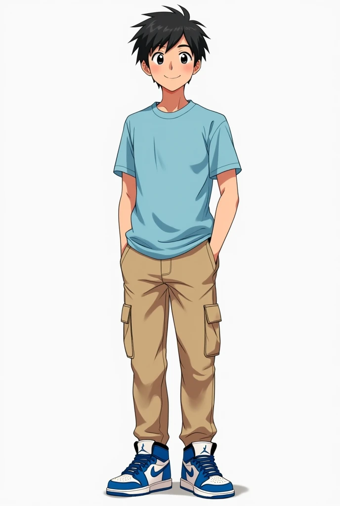 An anime kid (naruto type) he is wearing a light blue t-shirt, beige cargo pants and blue Air Jordan sneakers, black andwhite, He has white skin and black hair and has a relieved face, he is very handsome and cute