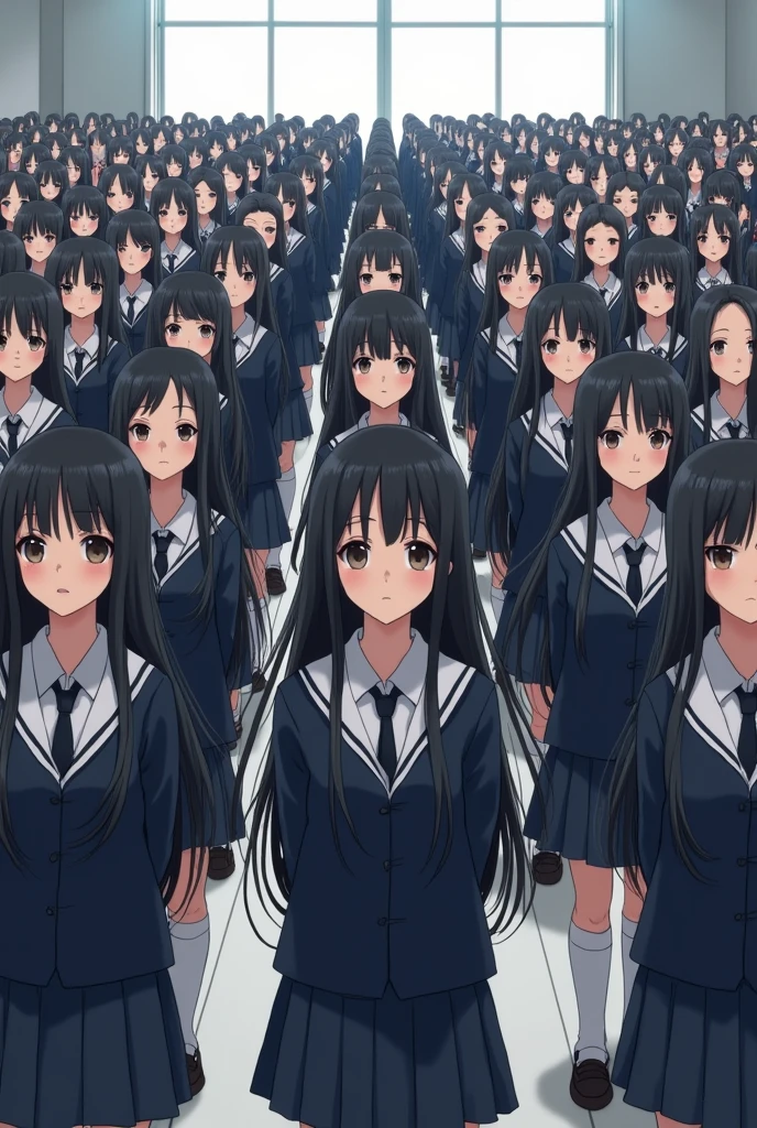 There are 1000 long haired Asian girls in realistic school uniforms standing in the room looking at me