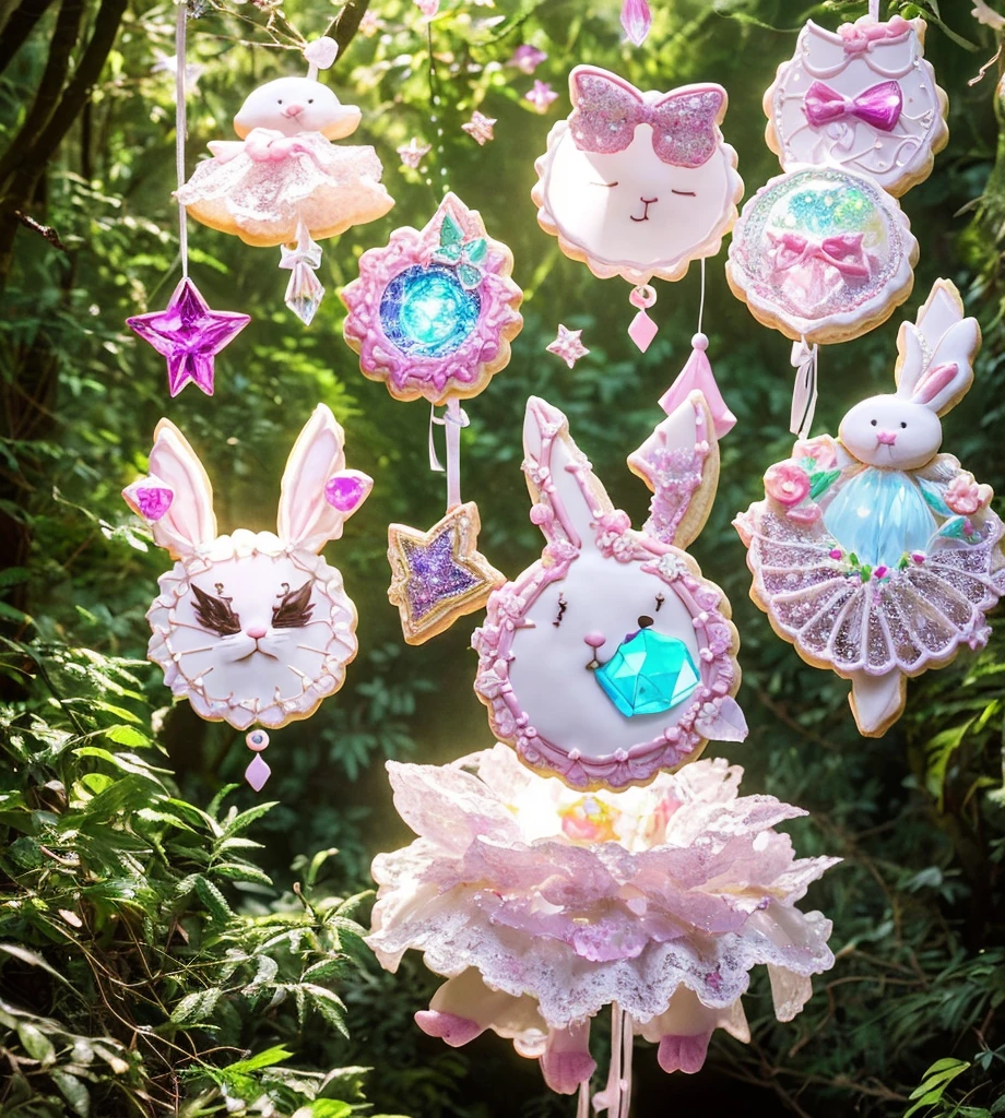 Create gorgeous handmade cookies that fit together like a puzzle in the forest Candy Castle Fairy World chocolate A soft light shines through Delicate lace and ribbon Light color gem lame Photon Mapping High Contrast Diamond particles antique The color is pink and white Cookie Puzzle cute Sparkling Star Fragment Multiple Exposure Fluffy white stuffed rabbit Light background