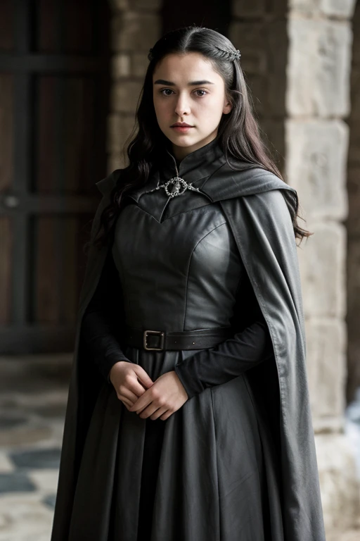 Layde stark game of thrones 18 anos , black hair and gray eyes wearing a gray dress with a black cape and an apprehensive expression 