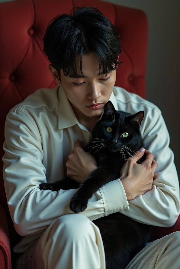 (photorealism:1.2), a 20 years old handsome and innocent biracial filipino-korean seminarian man, sitting on chair, white color outfit, holding a black cat, sexy vibe, vampire vibe background, love and affection in cat pose, realistic, intricate details.