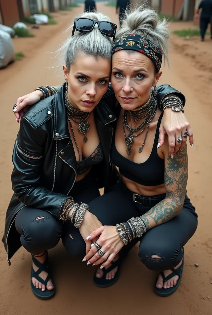 Two russian milf women, grey hair (bouffant, top bun) and oversized square sunglasses and wide colourful bandana as headband, with very light green eyes, extremely pale. Big lips. Aged cropped black moto jacket with side and sleeve zippers. Black lace push up bra, silicone breast,, black yoga pants with holes on knees. Flip flops. Lots of thick wide studded bracelets, chain collars and big rings,. Additional crossed loose belts,. Long earrings with chains and feathers. Metal pendants. Bracelets in ankles. Squatting with legs apart. Neck, chest, stomach and wrists heavily tattoed. Toned abdominals, thin neck, slim legs and thin forearms. Narrow hips and long legs. Exhausted, craving face, chin up. Seen from above. Dirt street of Kenya full of dirt and garbage bagsshirtless men behind. Hugging each other tight