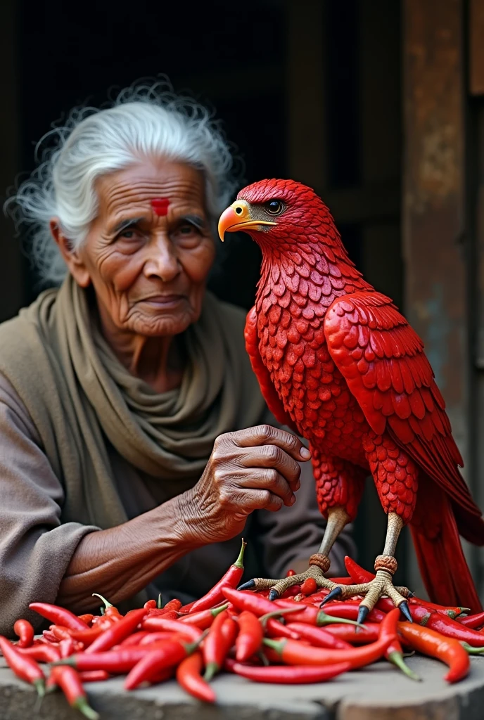 ek indian gareeb mahila rang birangi mirch se parrot bana rahi hai parrot apne par failaye bethaa hai aur bahut log uski is adbhut kalakari ko dekh rahe hai aur mosam bhi bahut suhana hai