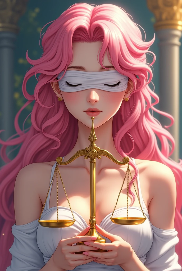 Generates an image of the Goddess Aphrodite, Deep gaze with blindfolds on, with pink hair holding the golden scale of the Libra sign where the center of the scale is a sword and measures the value of the mind and heart in an anime version