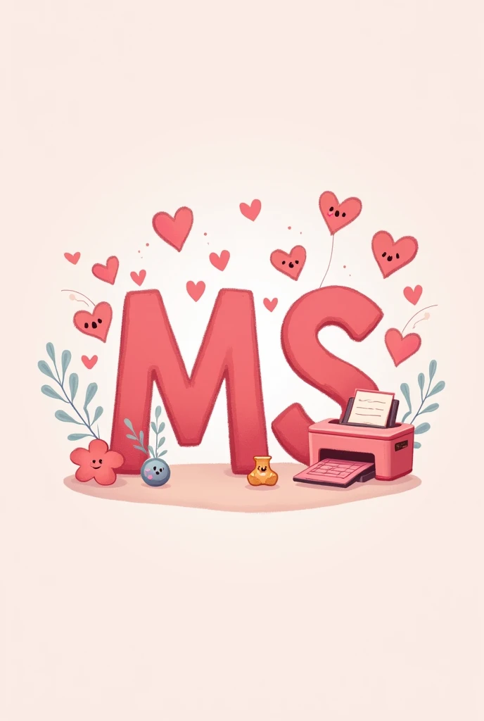 A logo in light pink tones, with the initials MS, with a drawing of a printer, agenda and very happy hearts.  Pixar animation style