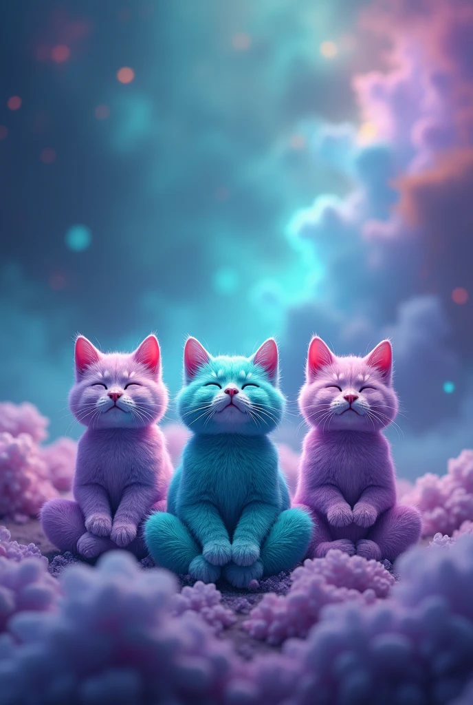 Create three cute cats, cute, hiper realisitic, realisitic, 真实感, They are meditating, they meditate, they are purple, turquoise and blue, Are they happy, and the background is the turquoise and purple galaxy