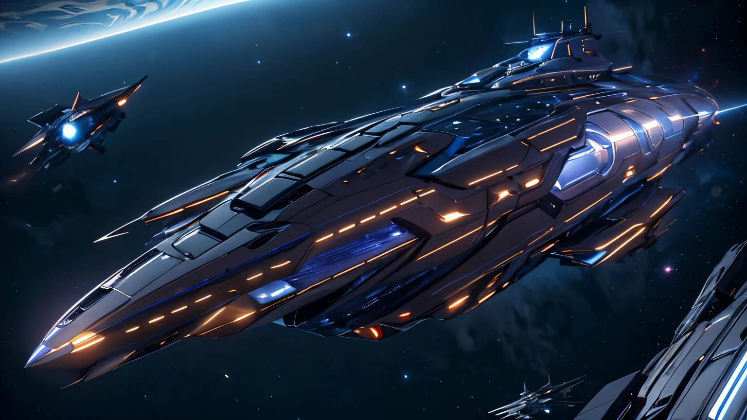 deep space, in the foreground in the center of the image a spaceship, similar to a battleship, sci-fi, galaxy, ultra detaild 