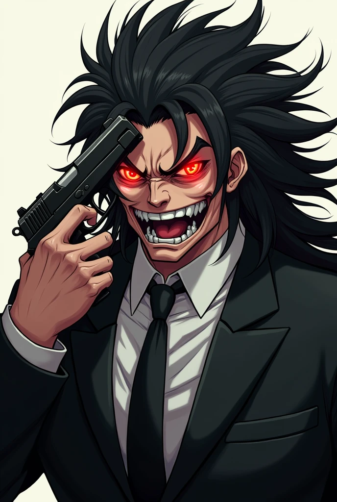 Portrait of an anime man with muscular body having psycho red wild eyes, psycho face, wearing black suit with tie, pointing gun to his head ,very long black hair, deatheye
1:1 size