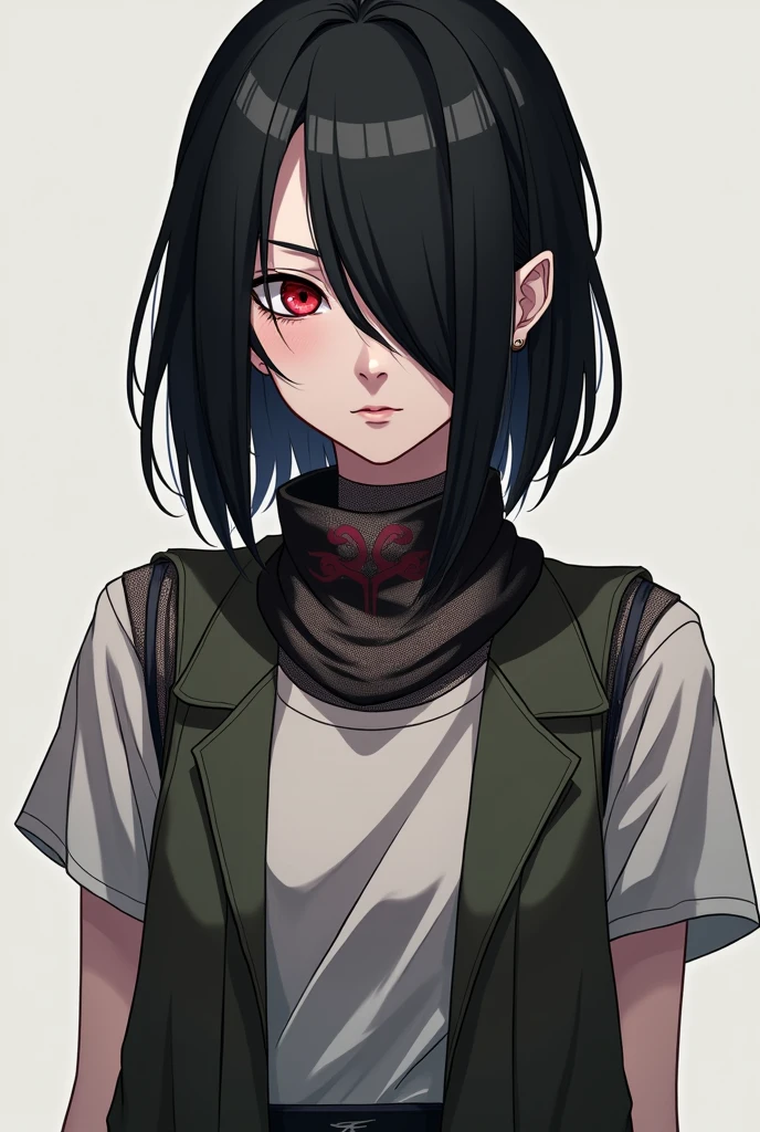 I would like a female Naruto character,being thin,pale skin,black hair with a fringe on the left side covering her eye,sharingam eyes,her outfit a sheer mesh t-shirt with an open vest,she wore a bandana with the symbol of pity