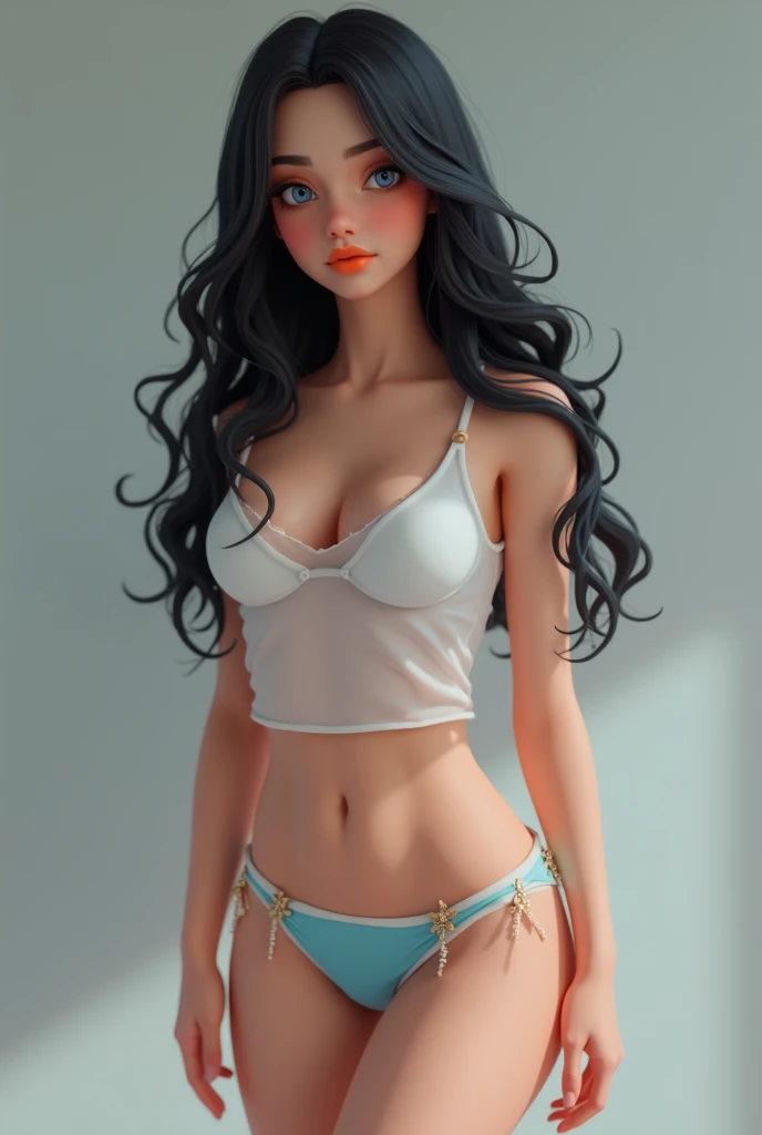 A girl with cute tits and long black hair nd wear blue panties and light white shimmy and orange lipstick and blue eyes