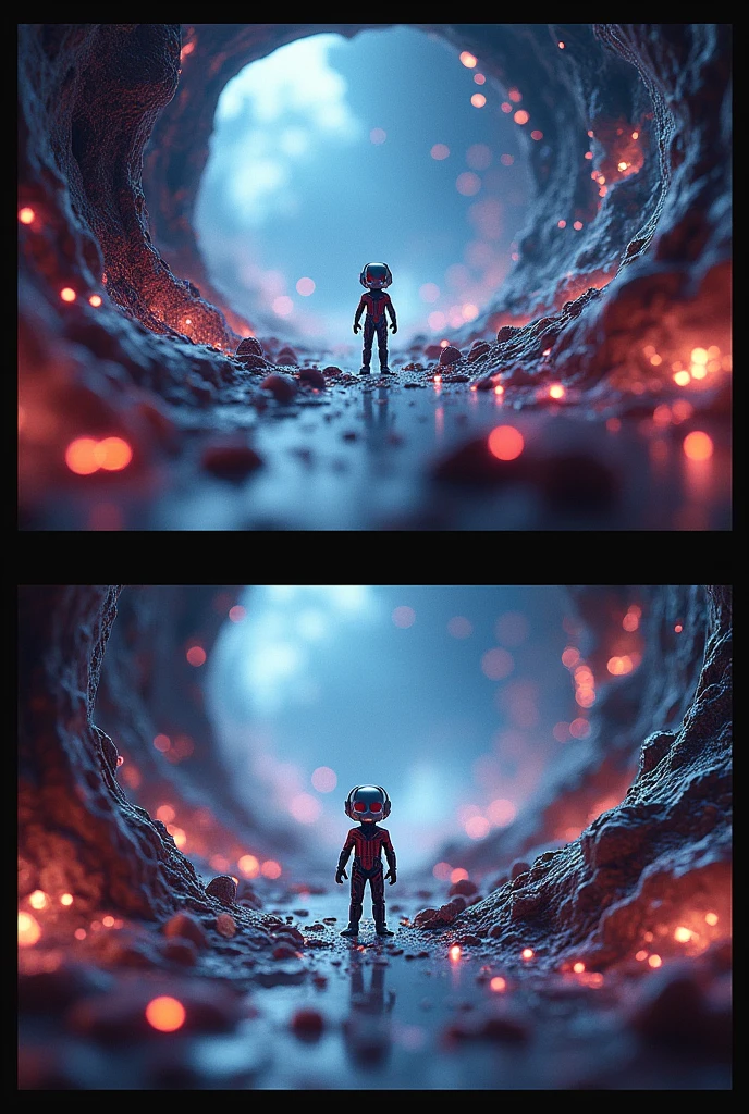 Two images with 4 differences of Antman in the quantum subatomic world
