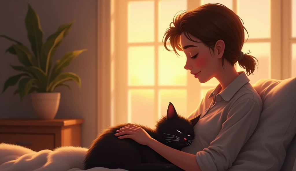 “Shadow is curled up in Sam’s lap, purring softly. Sam’s face shows a small, relieved smile as he strokes Shadow’s fur. The room feels peaceful, with the soft glow of the sunset filling the space. The bond between them is clear and comforting.”