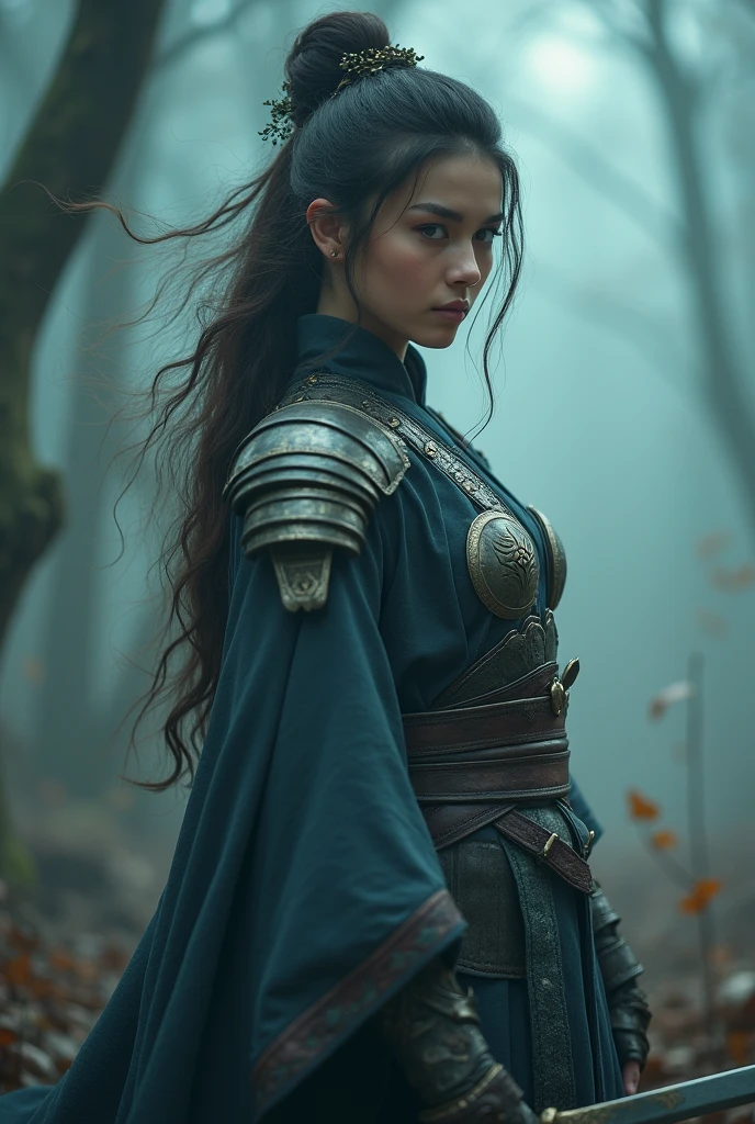 a beautiful female warrior in a misty, foggy environment, highly detailed, cinematic, dramatic lighting, fantasy art, concept art, epic, masterpiece, (best quality,4k,8k,highres,masterpiece:1.2),ultra-detailed,(realistic,photorealistic,photo-realistic:1.37),8k, extremely detailed, hyper realistic, intricate details, cinematic composition, moody atmosphere, dramatic lighting, misty forest, magical, epic fantasy, powerful female warrior, detailed armor, elegant kimono, flowing hair, determined expression, piercing gaze, graceful pose, magical energy emanating, foggy, atmospheric, dramatic