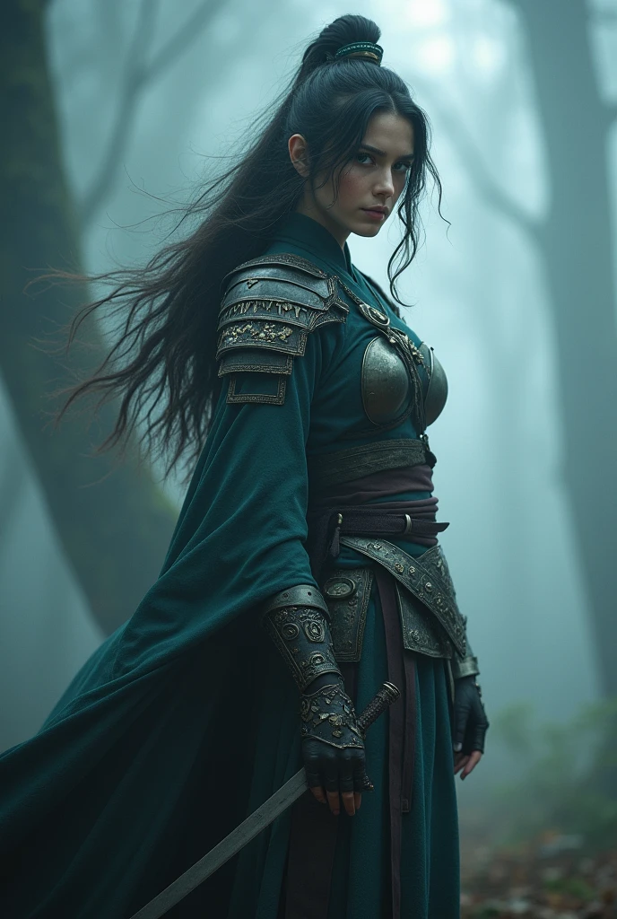a beautiful female warrior in a misty, foggy environment, highly detailed, cinematic, dramatic lighting, fantasy art, concept art, epic, masterpiece, (best quality,4k,8k,highres,masterpiece:1.2),ultra-detailed,(realistic,photorealistic,photo-realistic:1.37),8k, extremely detailed, hyper realistic, intricate details, cinematic composition, moody atmosphere, dramatic lighting, misty forest, magical, epic fantasy, powerful female warrior, detailed armor, elegant kimono, flowing hair, determined expression, piercing gaze, graceful pose, magical energy emanating, foggy, atmospheric, dramatic