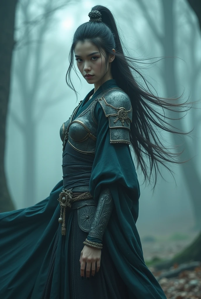 a beautiful female warrior in a misty, foggy environment, highly detailed, cinematic, dramatic lighting, fantasy art, concept art, epic, masterpiece, (best quality,4k,8k,highres,masterpiece:1.2),ultra-detailed,(realistic,photorealistic,photo-realistic:1.37),8k, extremely detailed, hyper realistic, intricate details, cinematic composition, moody atmosphere, dramatic lighting, misty forest, magical, epic fantasy, powerful female warrior, detailed armor, elegant kimono, flowing hair, determined expression, piercing gaze, graceful pose, magical energy emanating, foggy, atmospheric, dramatic
