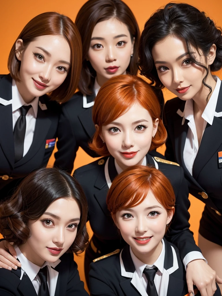 three extremely sexy women in stewardess outfits, looking at camera, cute smiles, happy opened mouths, goth eye makeup, close up faces portrait, short curly orange hair, view from below