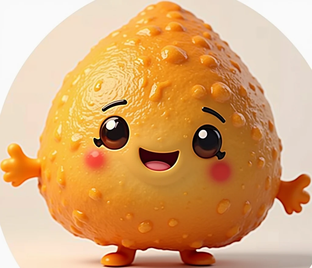 Create a hyper-realistic image of a mascot shaped like a coxinha, shown from a front-facing view. The coxinha should have a smooth, golden-brown exterior with a slightly crispy texture, capturing the realistic details of a freshly fried snack. Ensure the mascot has a friendly and approachable expression, possibly with cartoonish eyes and a smile. The background must be completely white, resembling a studio setting or transparent, with no distractions or additional elements. The entire coxinha mascot should be fully visible, with no parts cut off. ((image in focus))) Use soft, flattering lighting to highlight the texture and color of the coxinha, emphasizing its appetizing appearance. The image must be ultra-realistic, crystal clear, 8K UHD, with fine details and a polished, high-quality finish. Ensure the entire image is extremely sharp and in perfect focus, with absolutely no blurriness or softness. All details should be perfectly clear and defined, with absolute focus across the entire image. Use the lens at full aperture to achieve maximum sharpness and clarity ((image in focus)))