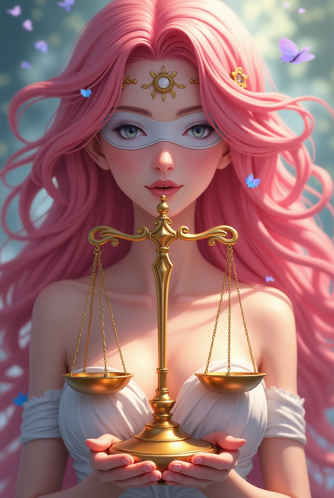 Generates an image of the Goddess Aphrodite, Deep gaze with blindfolds on, with pink hair holding the golden scale of the Libra sign where the center of the scale is a sword and measures the value of the mind and heart in an anime version