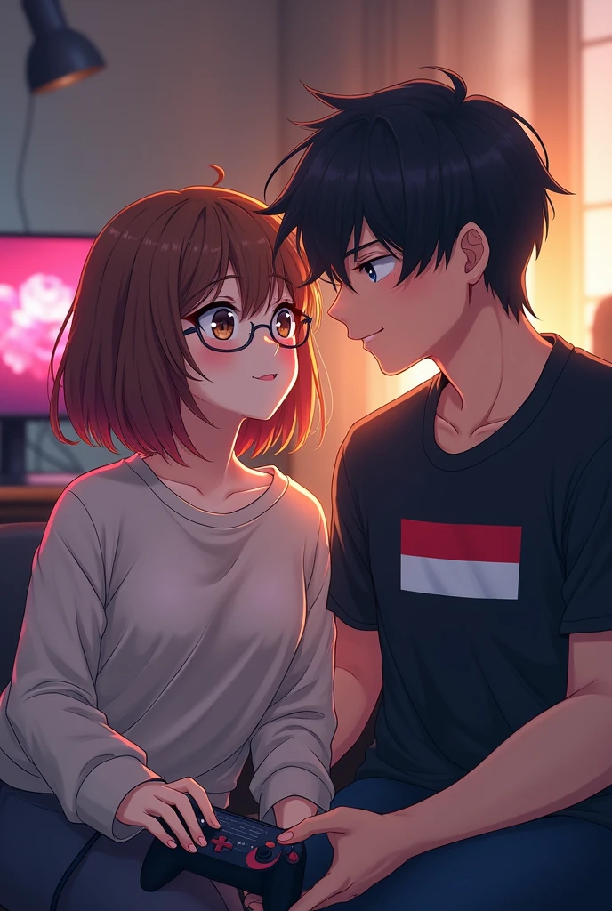 Anime gamer girl brown short hair and brown eyes wearing cute glasses big boobies, wearing a comfy sweatshirt with cool buff dark haired dark eyes gamer guy wearing a black shirt with an indonesian flag on his pc
