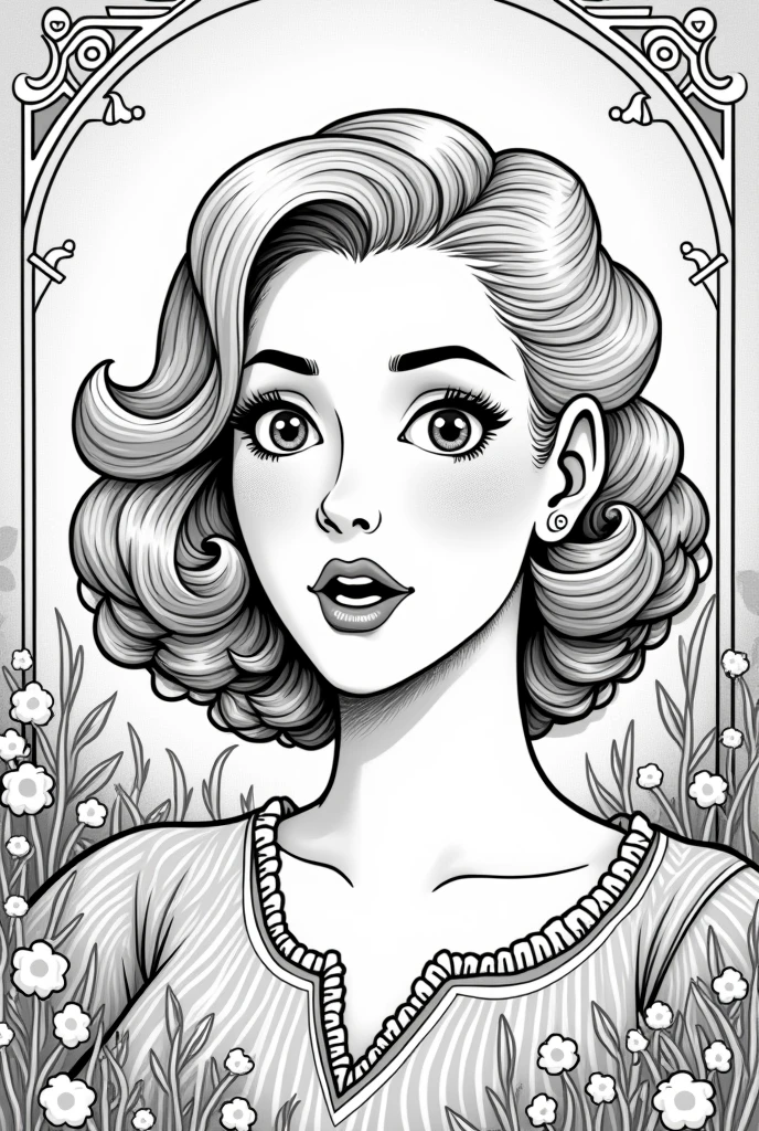 masterpiece, female character, Florence Pugh surprised expression, detailed country garden background, Art Deco designs,, style by double exposure, No shading, coloring page, blank space, without shadow,