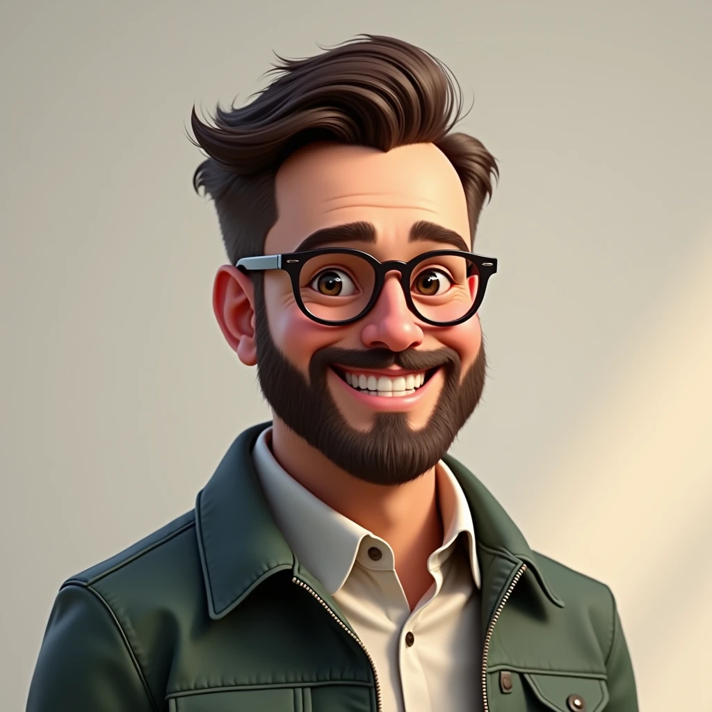 A slightly chubby guy with a beard and glasses, neat hair, smiling