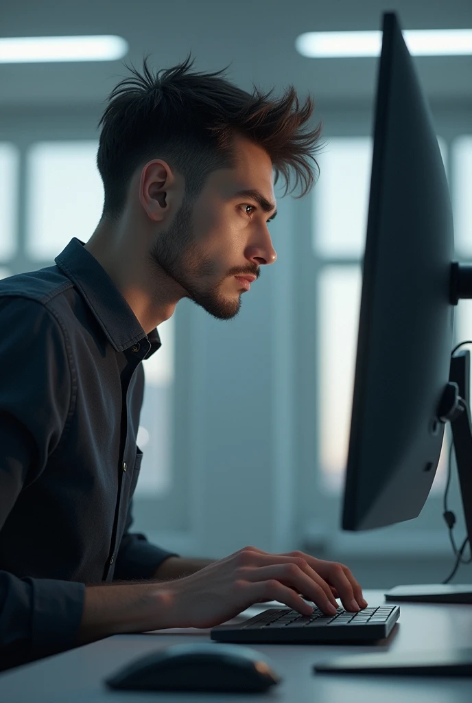 a thin man was staring at a computer screen