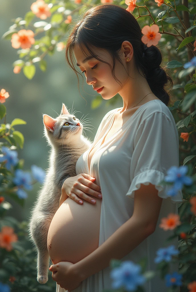 A high-definition, ultra-realistic depiction of a pregnant girl with a -moump, accompanied by the transparent spirit of a silver-gray American Shorthair cat, silently guarding her. The scene is surrounded by her and the cat’s favorite flowers: blue plumbago, orange jasmine, and osmanthus, filling the air with a fragrant and aromatic presence. The overall atmosphere is protective and serene, with detailed and lifelike textures, vivid colors, and deep emotional resonance.