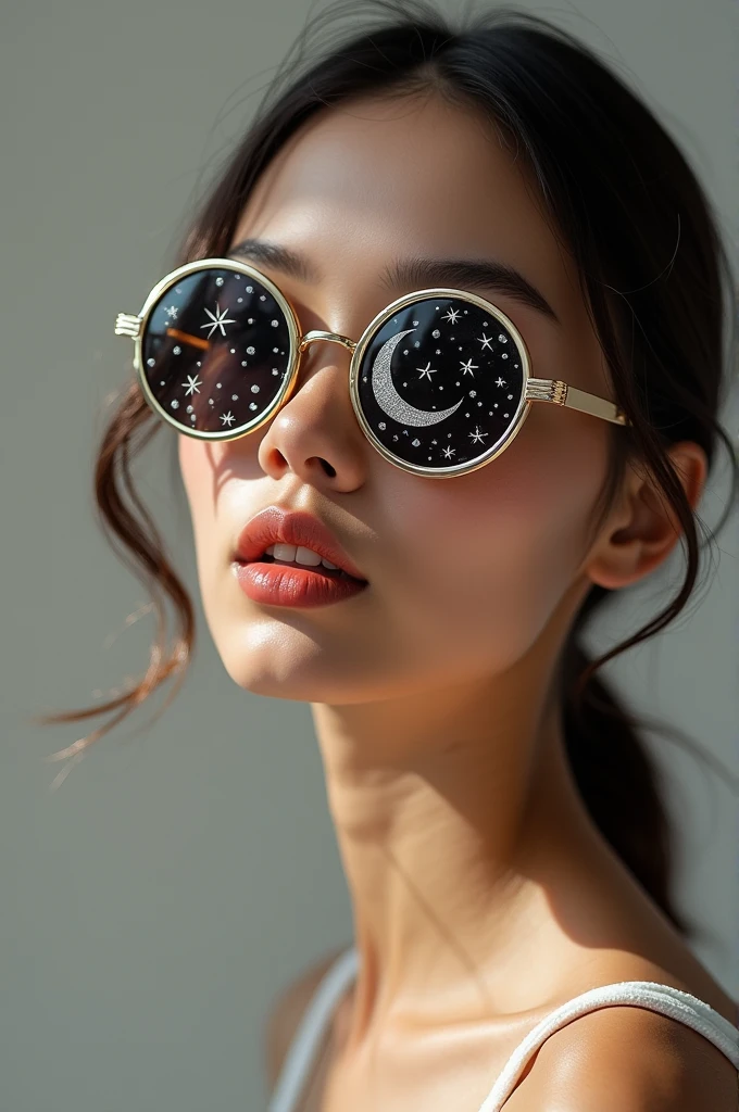 The model is wearing glass sunglasses with stars and the moon on the glass