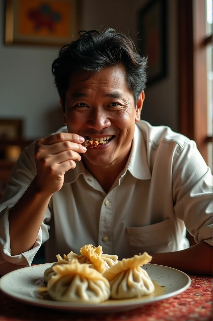 Make ai photo of Rajesh Hamal ( Nepali actor) eating momo