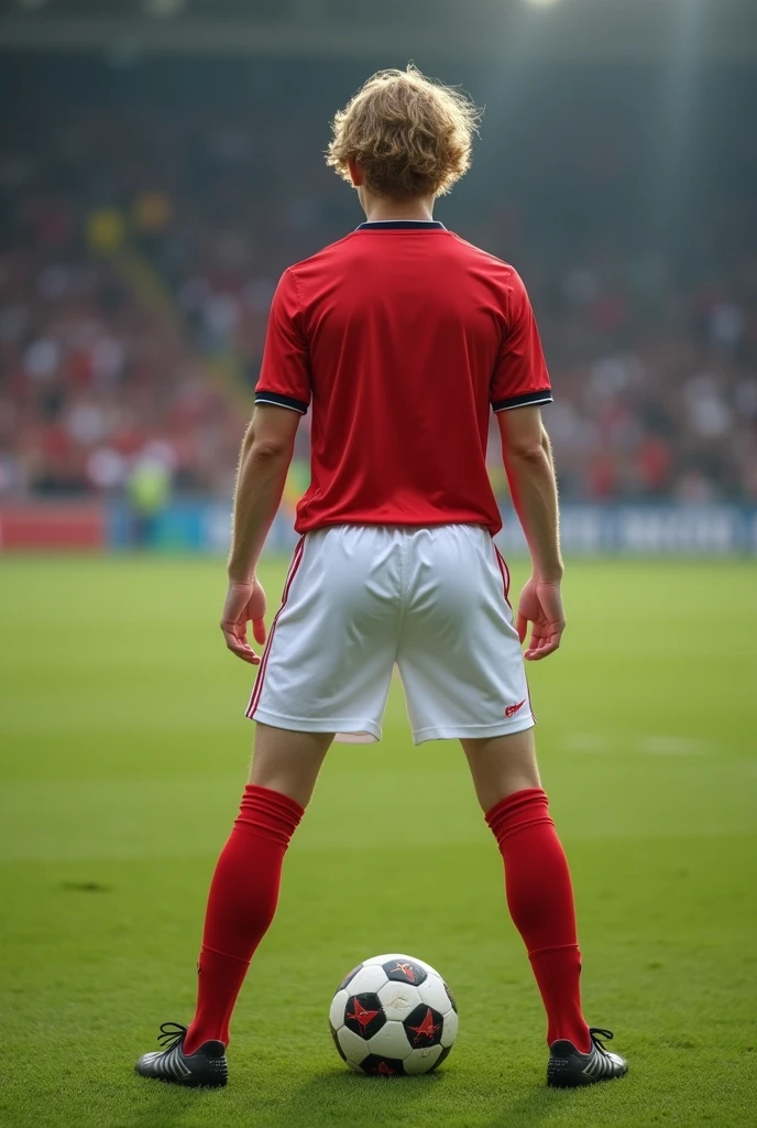 blond man de 16anos uniforme de jogador de futebol、knee high socks、Brown hair soccer field uniform wide、spread their legs, ripped white underwear showing penis、tight uniform mature look、The shape of the penile area is clearly visible、no underwear、blond man ((erect penis showing))