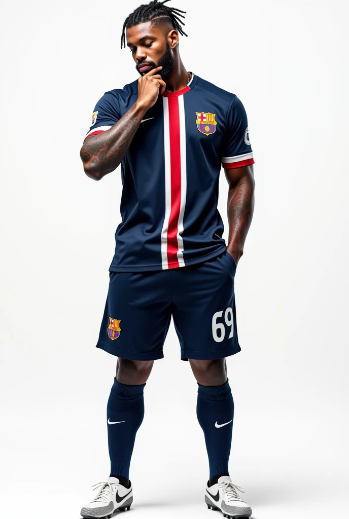 Young 2 sexy Rudo gangster with black hair shaved on the sides with braids brown eyes thick lips athletic body masculine energy and sexy defined chin trimmed beard colored tattoo marked biceps wears black colored man Muslim style, He wears the navy blue PSG uniform with a central red and white stripe., Navy blue shorts with the number 69 and white cleats. The background is white and he is standing kissing the shield on the shirt that he holds with his hand with pride for the team.. 8k