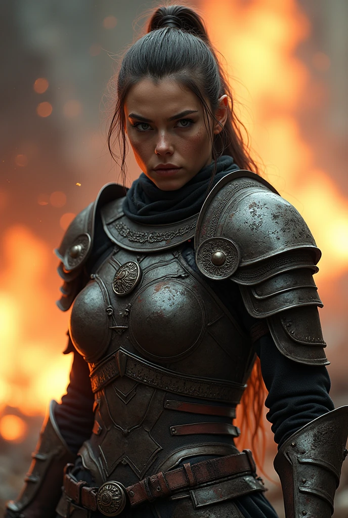A fierce female warrior, detailed armor, battle-worn and determined expression, intense fire and smoke in the background, dramatic lighting, cinematic composition, muted color palette, gritty realism, digital art, detailed textures, dramatic atmosphere, powerful and dynamic pose, epic fantasy