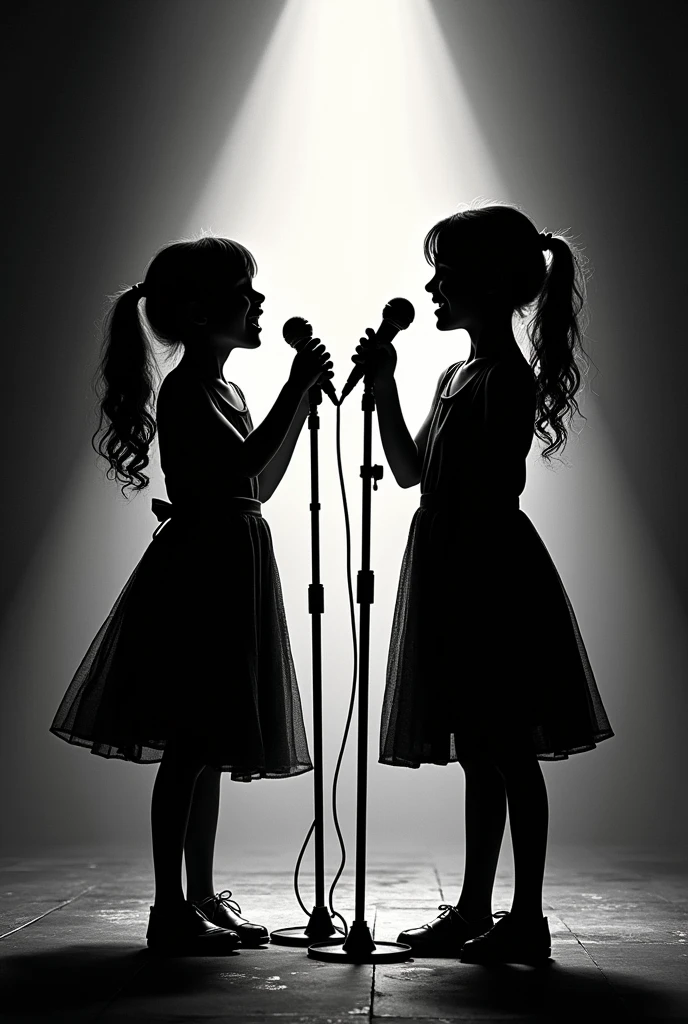 two white singing sisters, 12 and , singing facing each other, on the stage, with light focused on them, each one distant from the other, singing animatedly, black and white silhouette, hand-drawn style, each with a vintage microphone