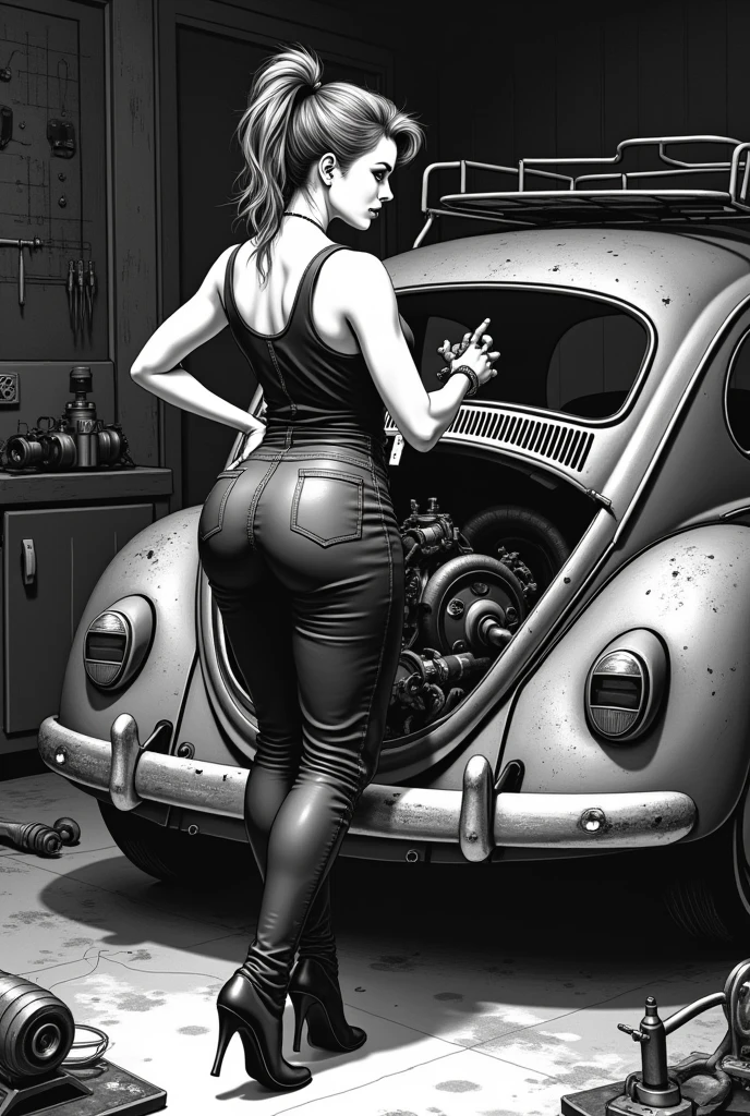 A vintage black n white hand drawing of a hot short haired lady with her big naked ass up fixing the engine of a rusty beetle