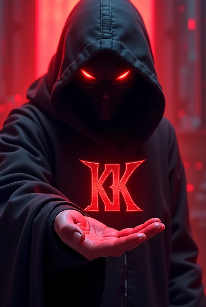 Create a hooded guy with crimson red eyes without a face, in the gaming logo style holding the name on the palm of the hand "KSB6" make it in crimson red and bold colors. Make the letters capital and more beautiful and not simple letters 