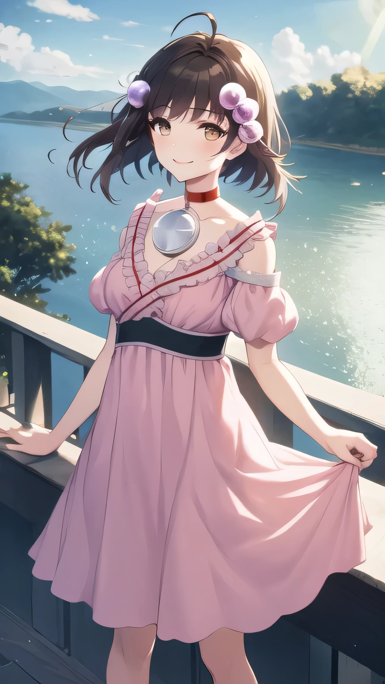 Atmospheric perspective,Lens flare、Royal Society, hair ornaments, Red choker, Pink dress beautiful, masterpiece, Highest quality, Waterfront, smile, View your viewers