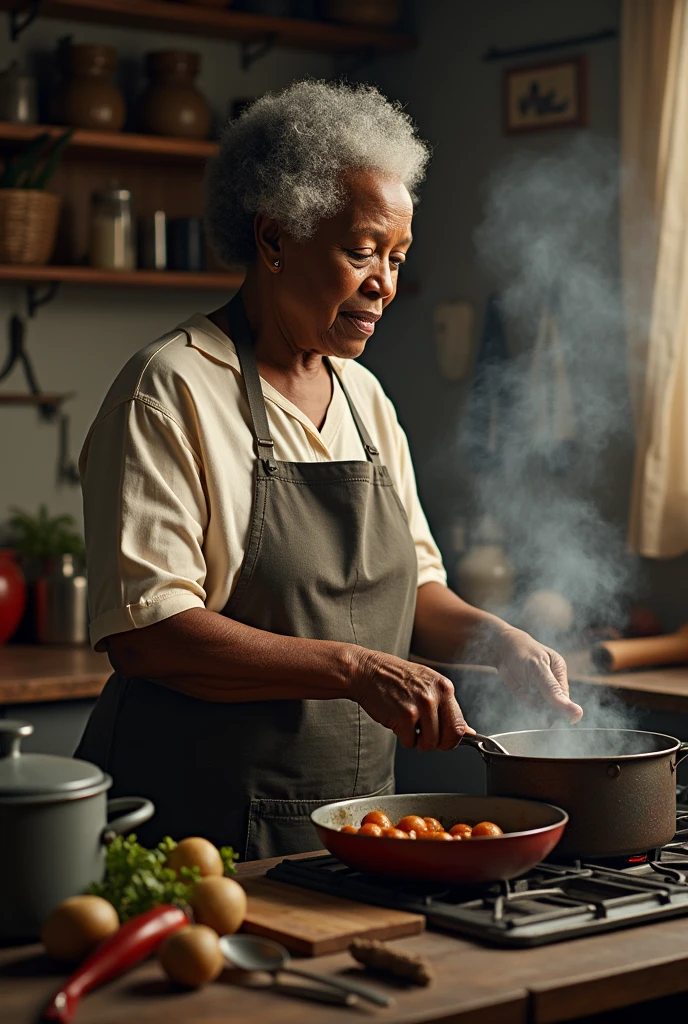 Create a drawing of an elderly black woman cook