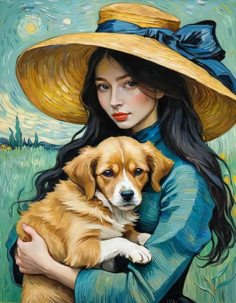 painting, beautiful woman in large hat, van gogh style, holding dog, long hair