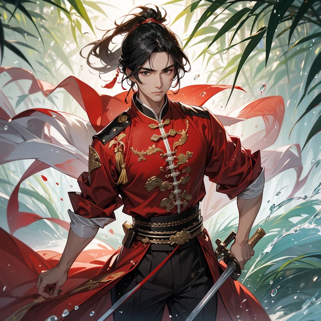 A Handsome black-hair male holding a large sword in an red-white ancient chinese costume, close up.
The back is a lush green bamboo forest. The air after rain has water droplets splashing around.