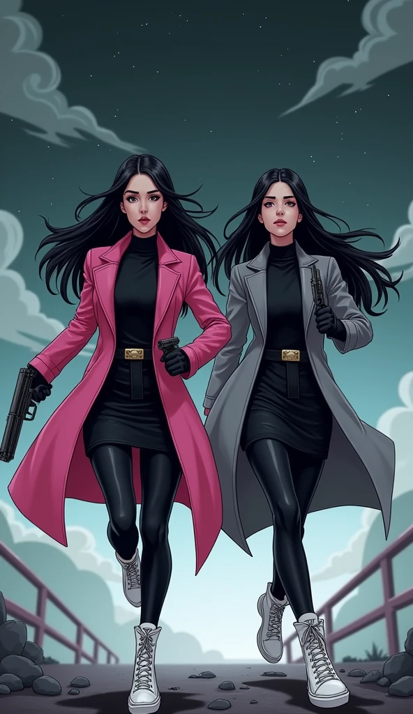 brunette woman brown eyes with straight black hair with round face with large scar on her left eye, wearing black pants with futuristic black long coat