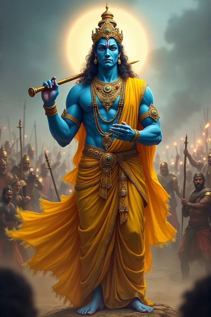 A majestic figure of a deity, depicted with a blue complexion, stands confidently in the center. Adorned in vibrant yellow drapery, he holds a flute in one hand, while the other is gracefully positioned by his side. His ornate crown and intricate jewelry add to his divine presence. A soft, glowing halo surrounds his head, illuminating the scene. In the background, indistinct figures appear engaged in a battle, adding to the dramatic and powerful atmosphere of the image.