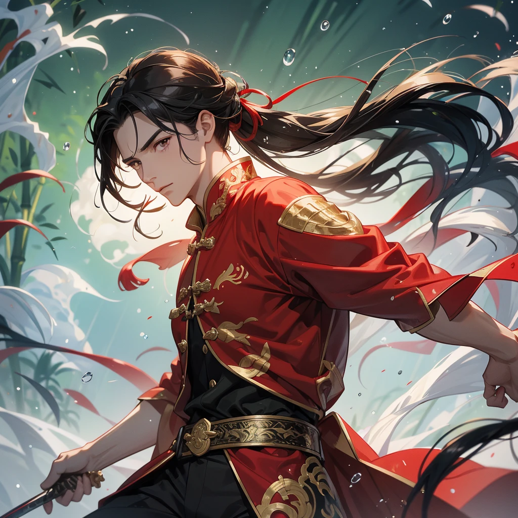 A Handsome black-hair male holding a large sword in an red-white ancient chinese costume, close up.
The back is a lush green bamboo forest. The air after rain has water droplets splashing around.