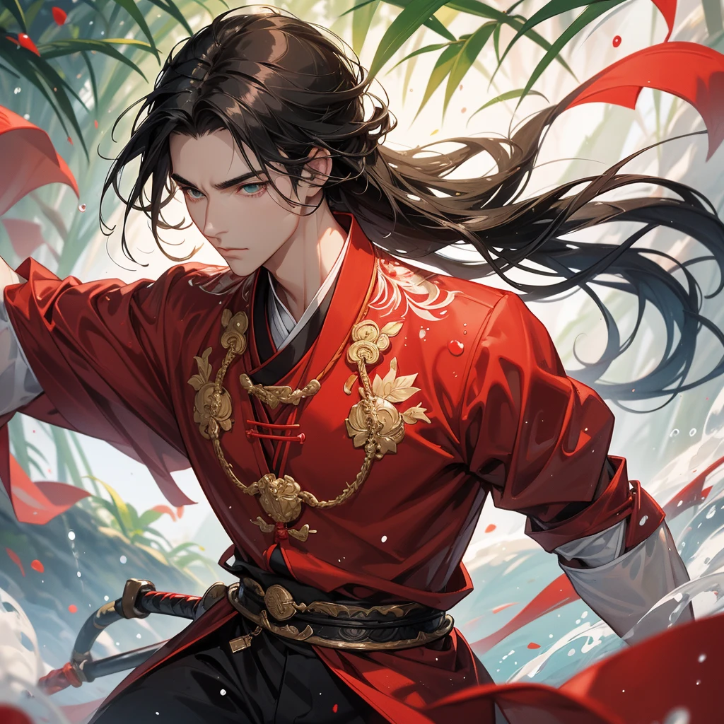 A Handsome black-hair male holding a large sword in an red-white ancient chinese costume, close up.
The back is a lush green bamboo forest. The air after rain has water droplets splashing around.