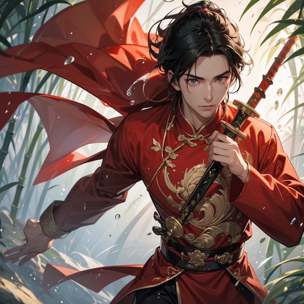 A Handsome black-hair male holding a large sword in an red-white ancient chinese costume, close up.

The back is a lush green bamboo forest. The air after rain has water droplets splashing around.