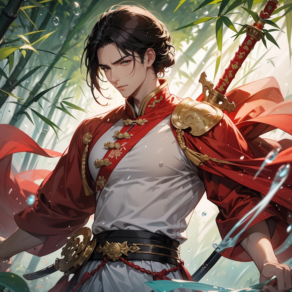 A Handsome black-hair male holding a large sword in an red-white ancient chinese costume, close up.

The back is a lush green bamboo forest. The air after rain has water droplets splashing around.