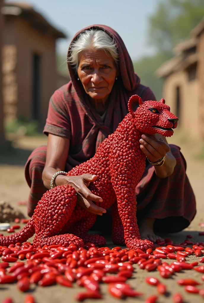 a poor old indian woman making a big Leopard out of red chili